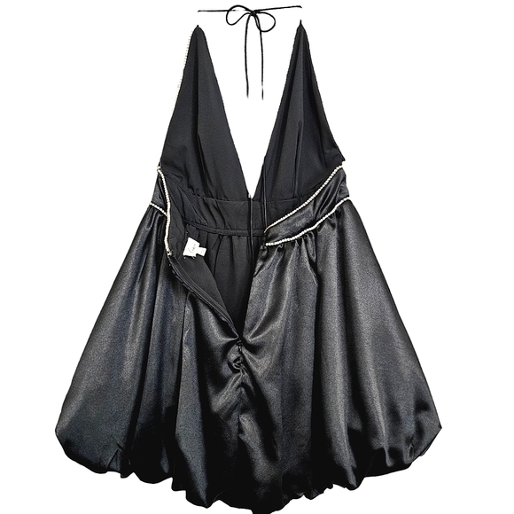 Nwot Lena Black Satin Halter Deep Plunge Rhinestone Trim Bubble Cocktail Dress - Picture 12 of 17
